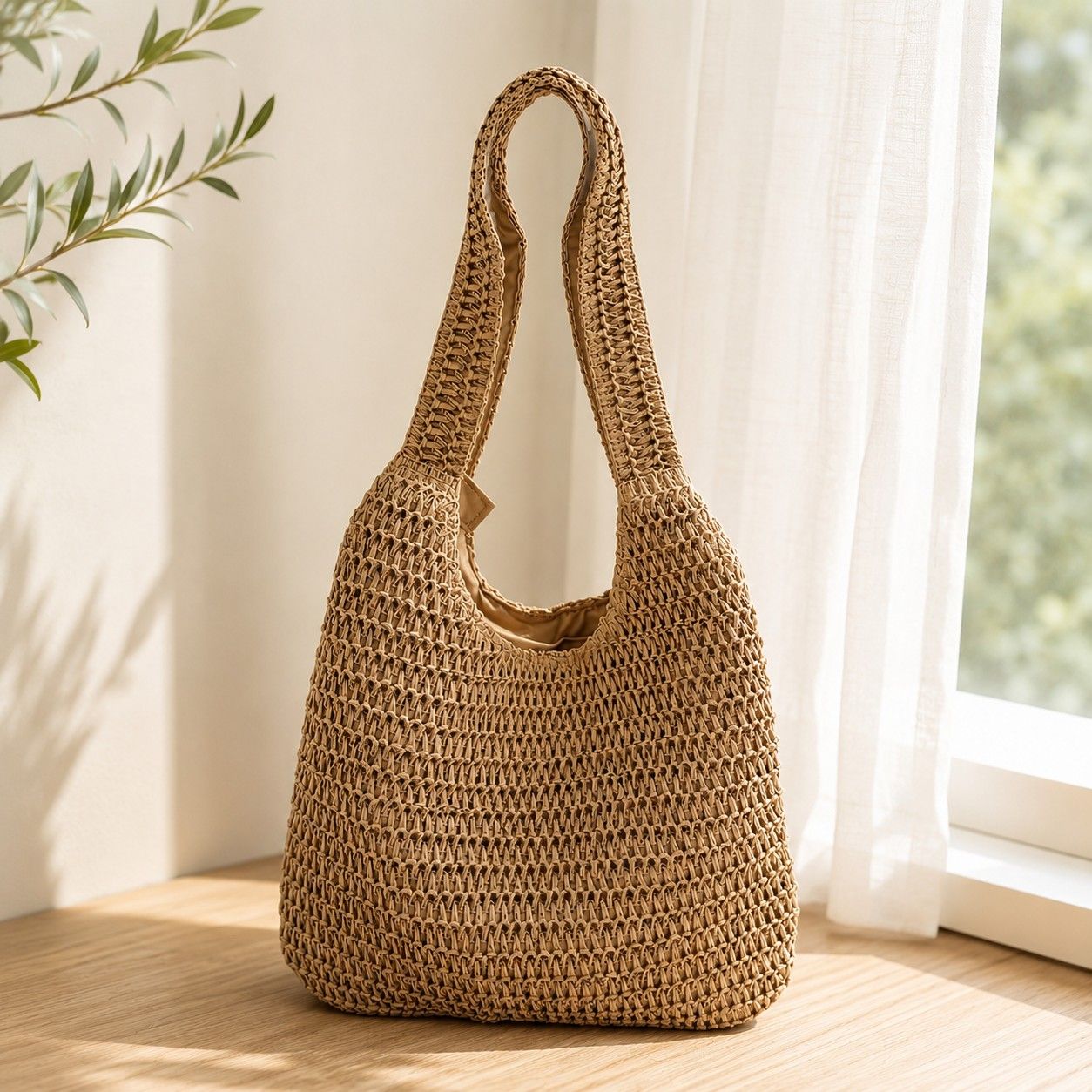 Woven Straw Tote Bag Large Capacity Zip Top Shoulder Carryall with Interior Pocket