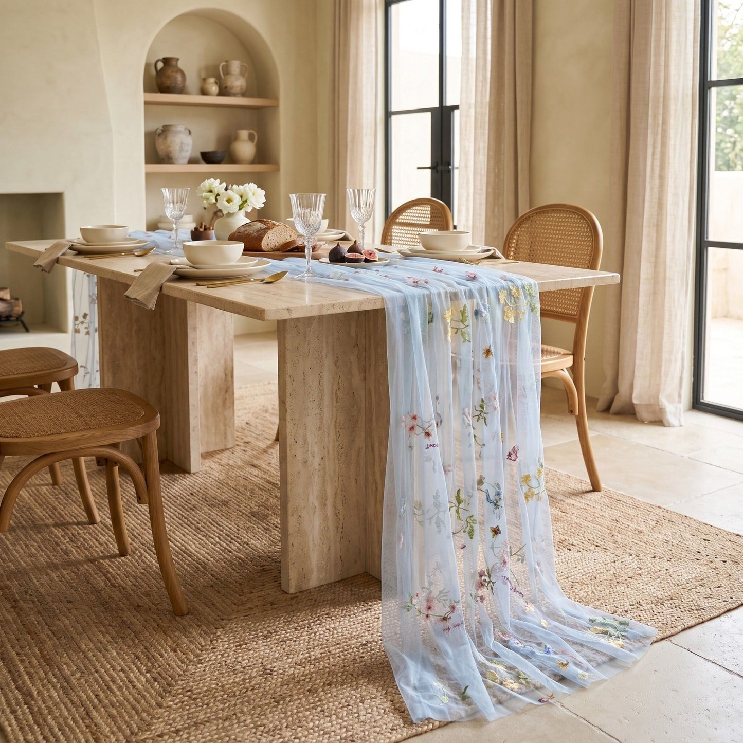 Sheer Floral Embroidered Table Runner 29.5x70.9in