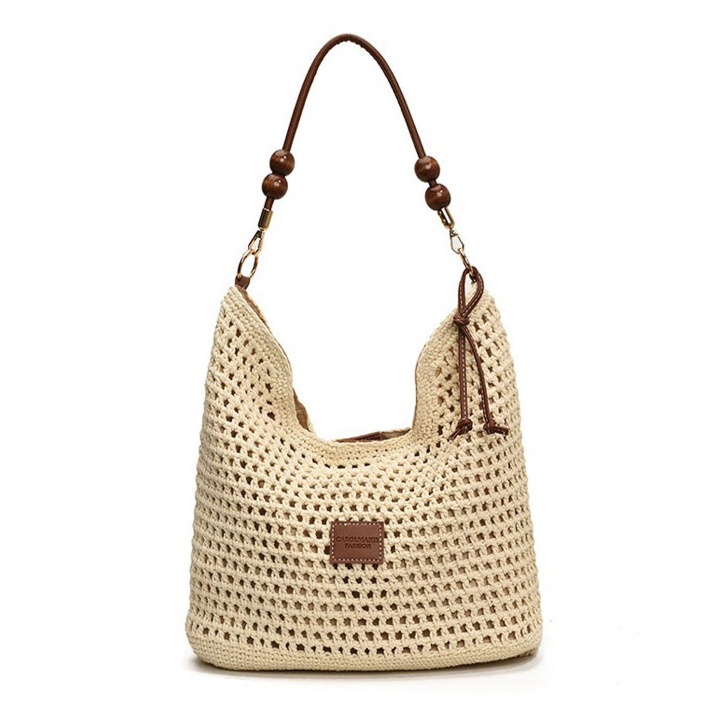 Crochet Shoulder Bag with Wooden Bead Strap Knit Hobo Handbag Lined Casual Everyday Tote