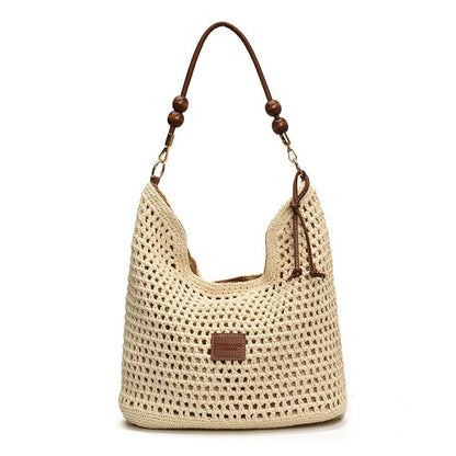 Crochet Shoulder Bag with Wooden Bead Strap Knit Hobo Handbag Lined Casual Everyday Tote