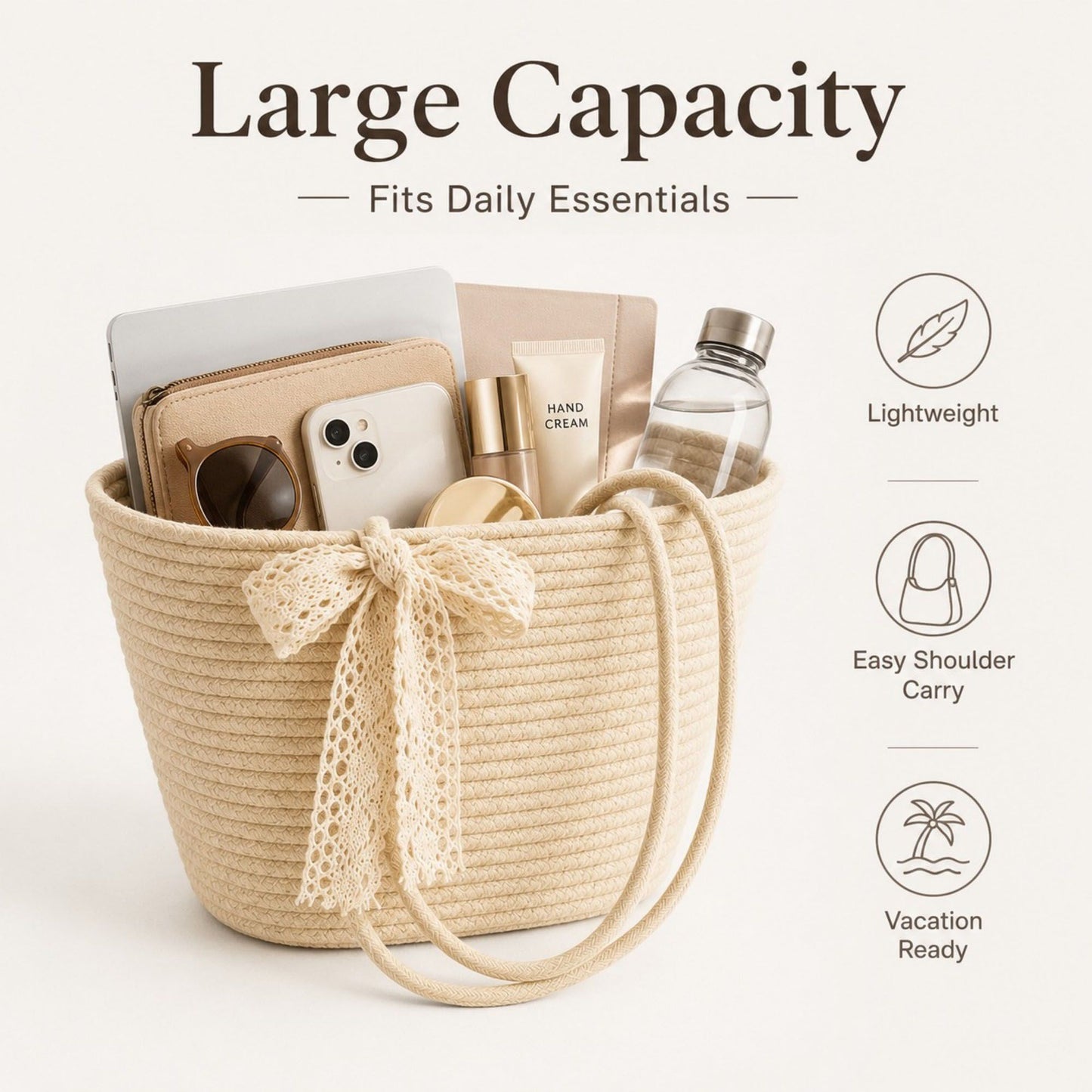 Woven Straw Style Tote Bag Large Capacity Shoulder Bag with Lace Bow Detail