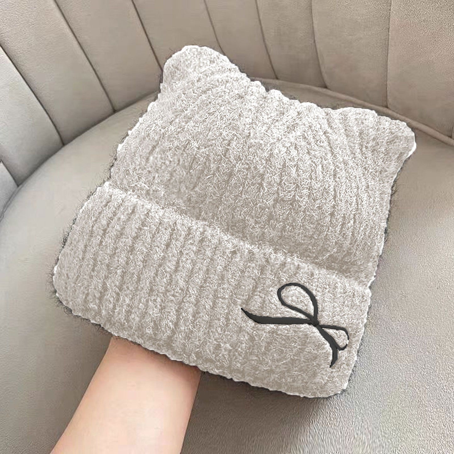 Cat Ear Knit Beanie - Fluffy Faux Fur Hat with Bow Embroidery