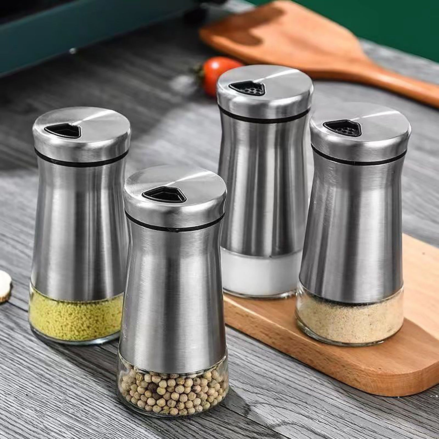 Stainless Steel Spice Shaker Jar with Glass Base and Dispensing Lid