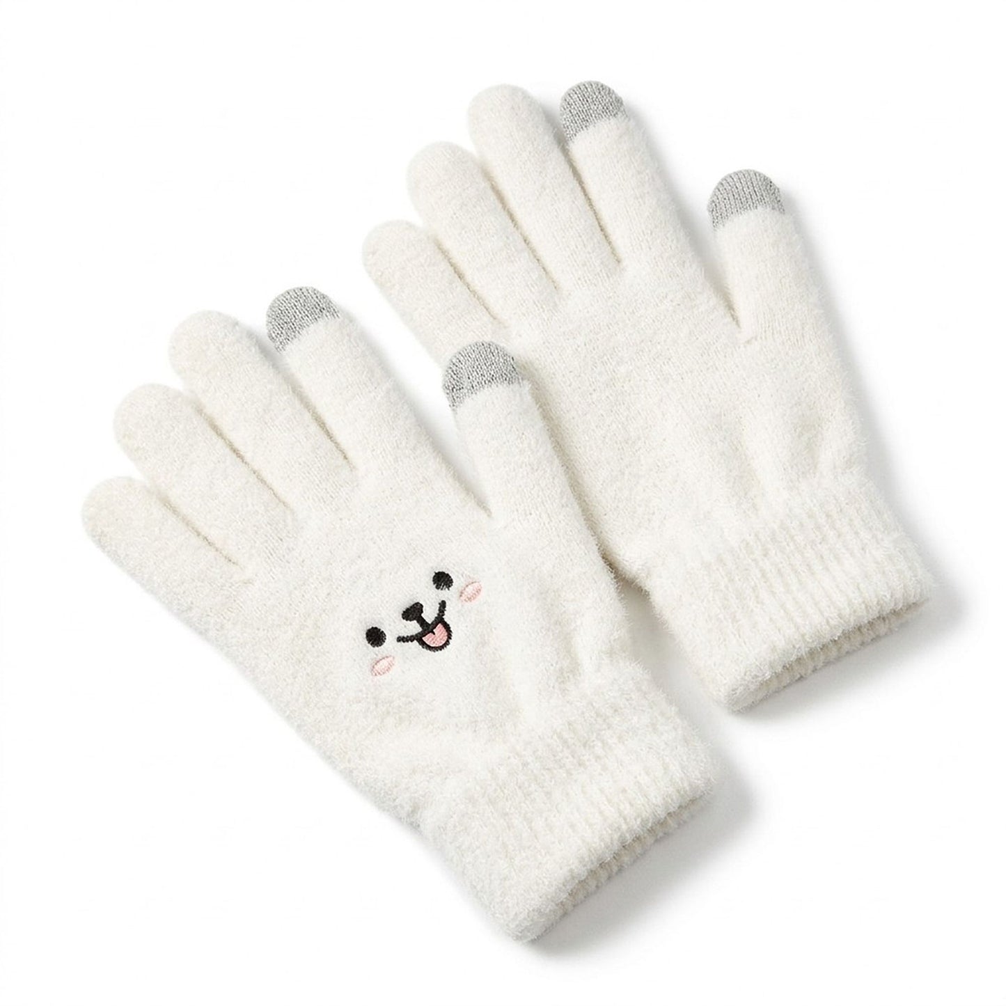 Fuzzy Knit Touchscreen Gloves with Embroidered Smiley Face