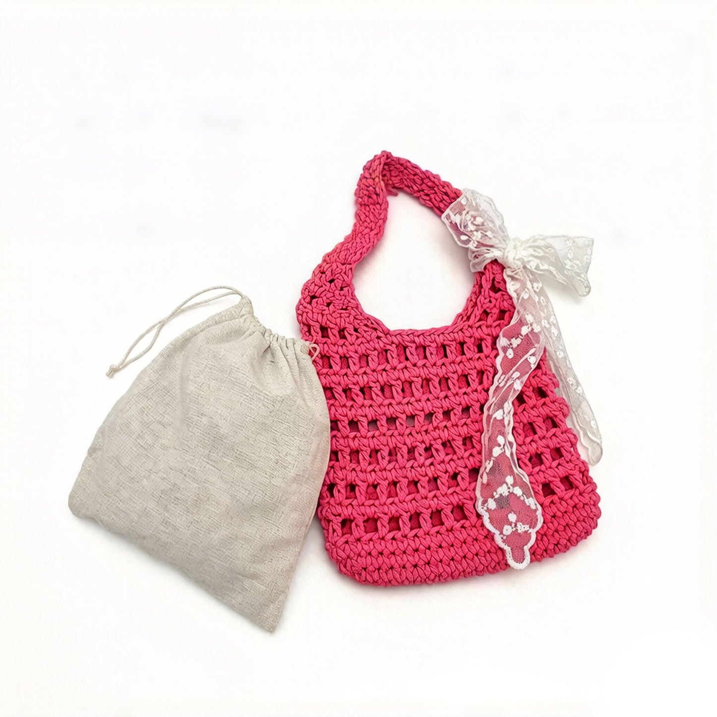 Crochet Shoulder Bag with Lace Bow Detail Knit Bucket Handbag Drawstring Lined Casual Everyday Tote