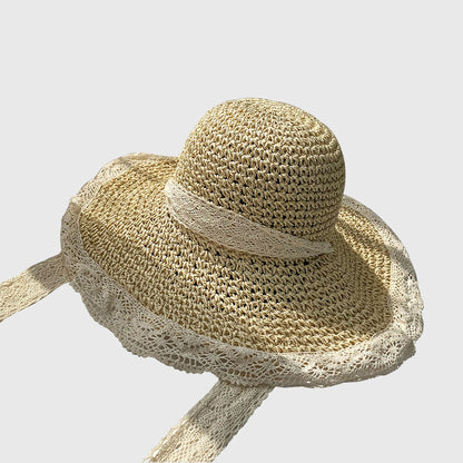Crochet Straw Sun Hat with Lace Trim & Bow