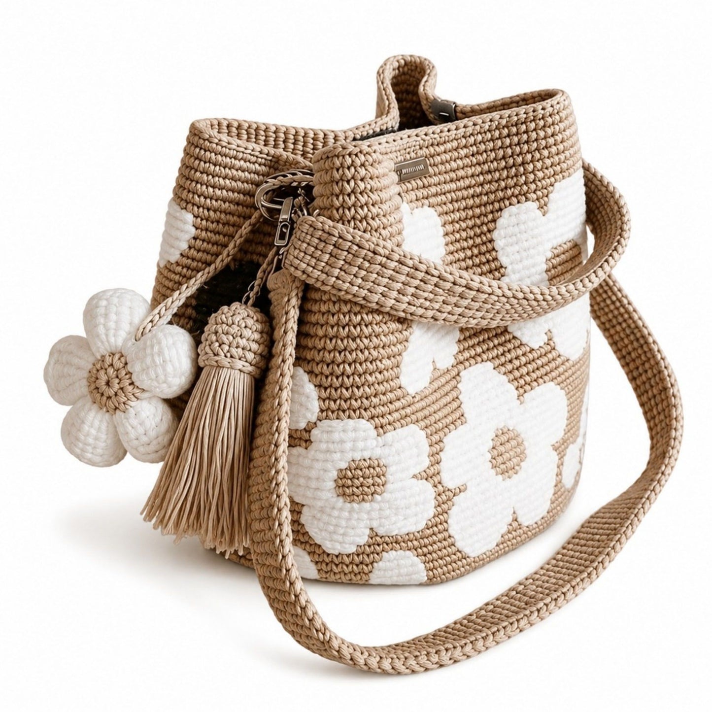 Crochet Floral Bucket Bag with Tassel Charm and Shoulder Strap