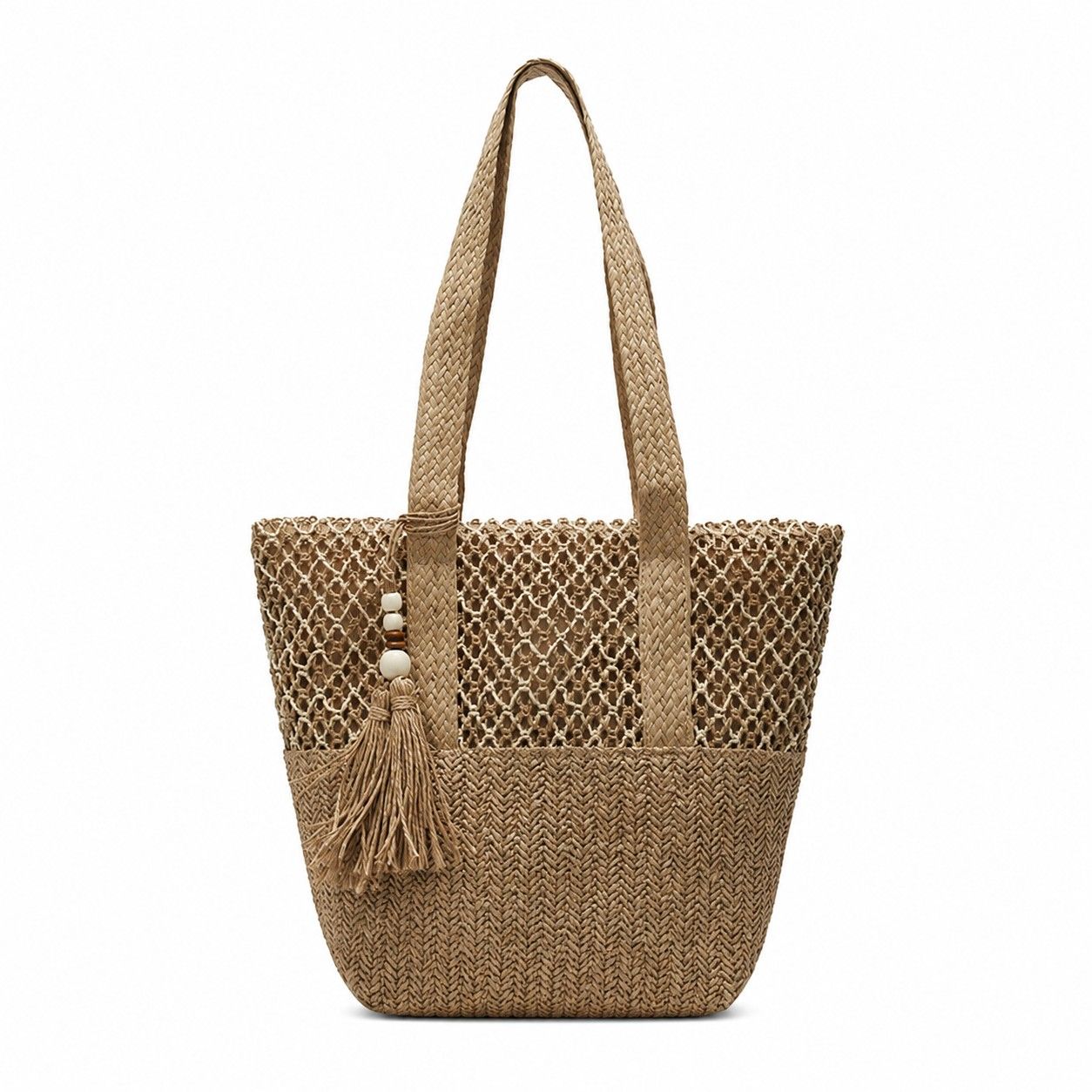 Woven Straw Tote Bag with Zip Closure Shoulder Straps and Tassel Accent
