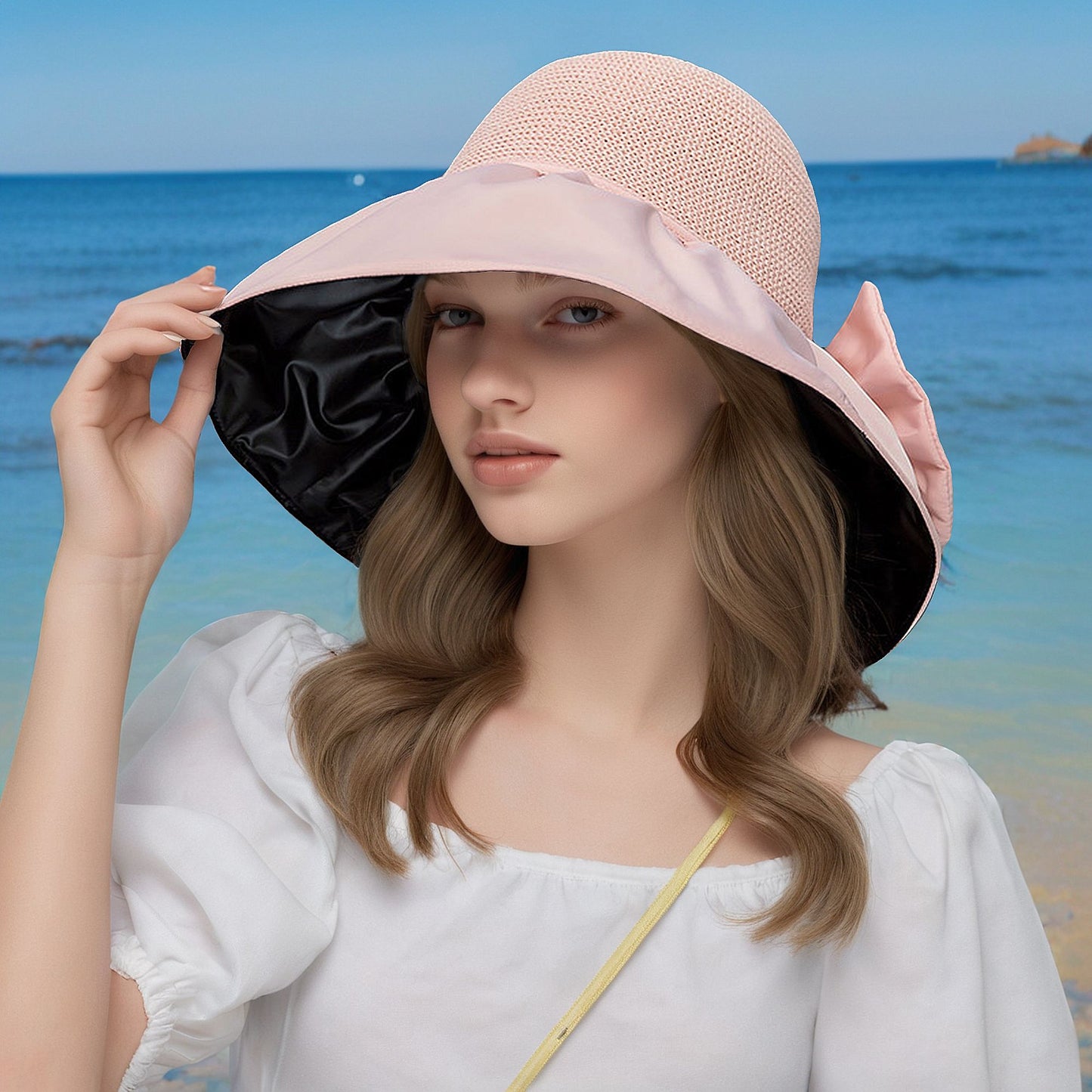 Women's Foldable Packable Sun Hats with Bow Bag