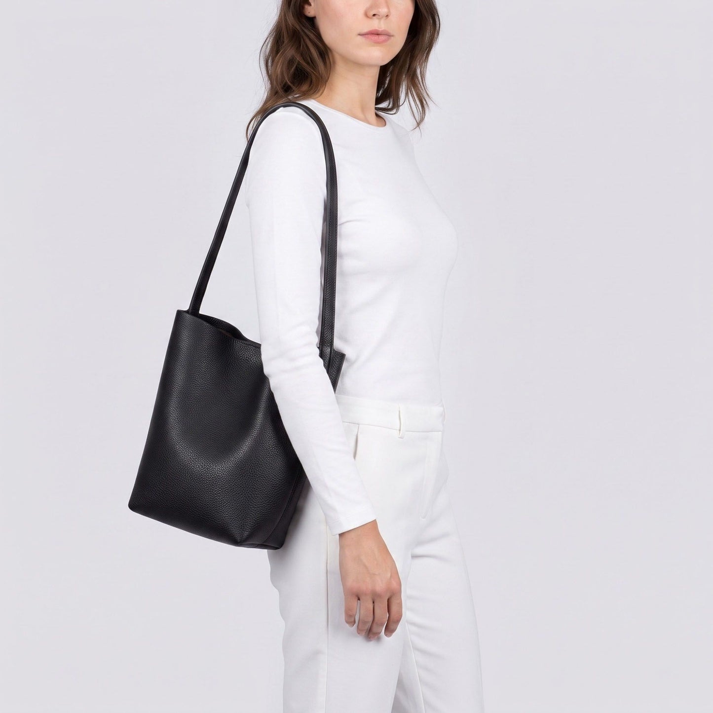 Textured Bucket Shoulder Bag with Long Strap and Soft Structured Silhouette 8.5x6.7x2.5in