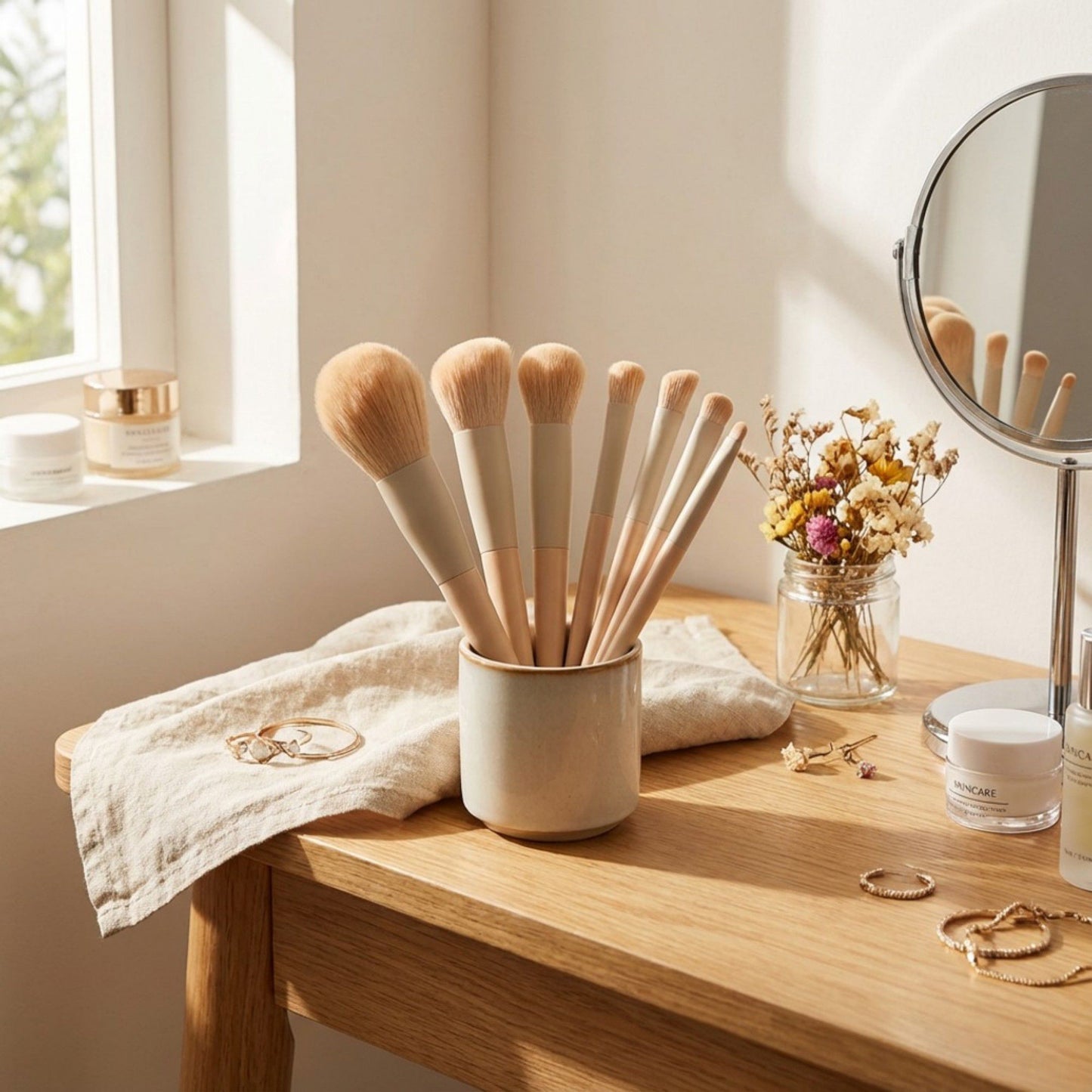7-Piece Makeup Brush Set with Soft Synthetic Bristles and Tapered Handles for Face and Eye Application