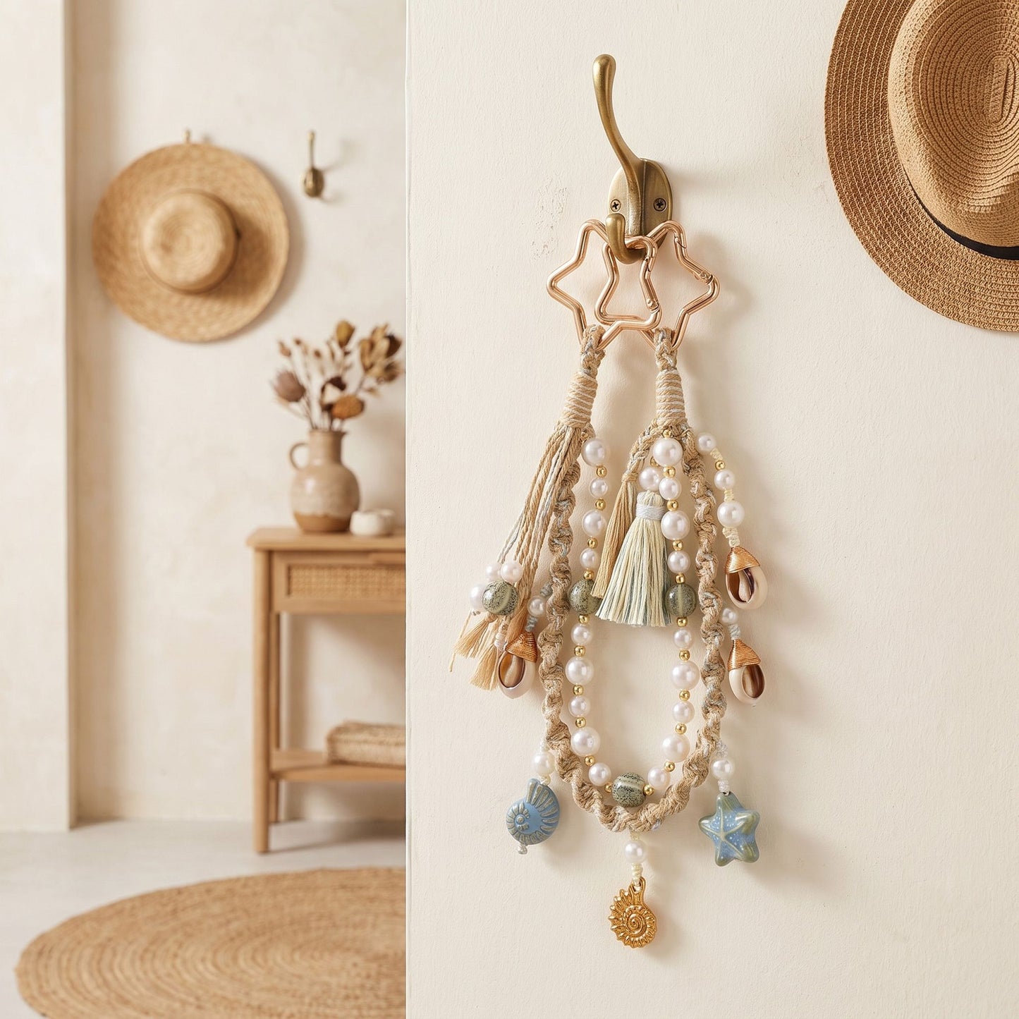 Coastal Bag Charm with Star Clips Pearl Look Beads Braided Cord and Tassels