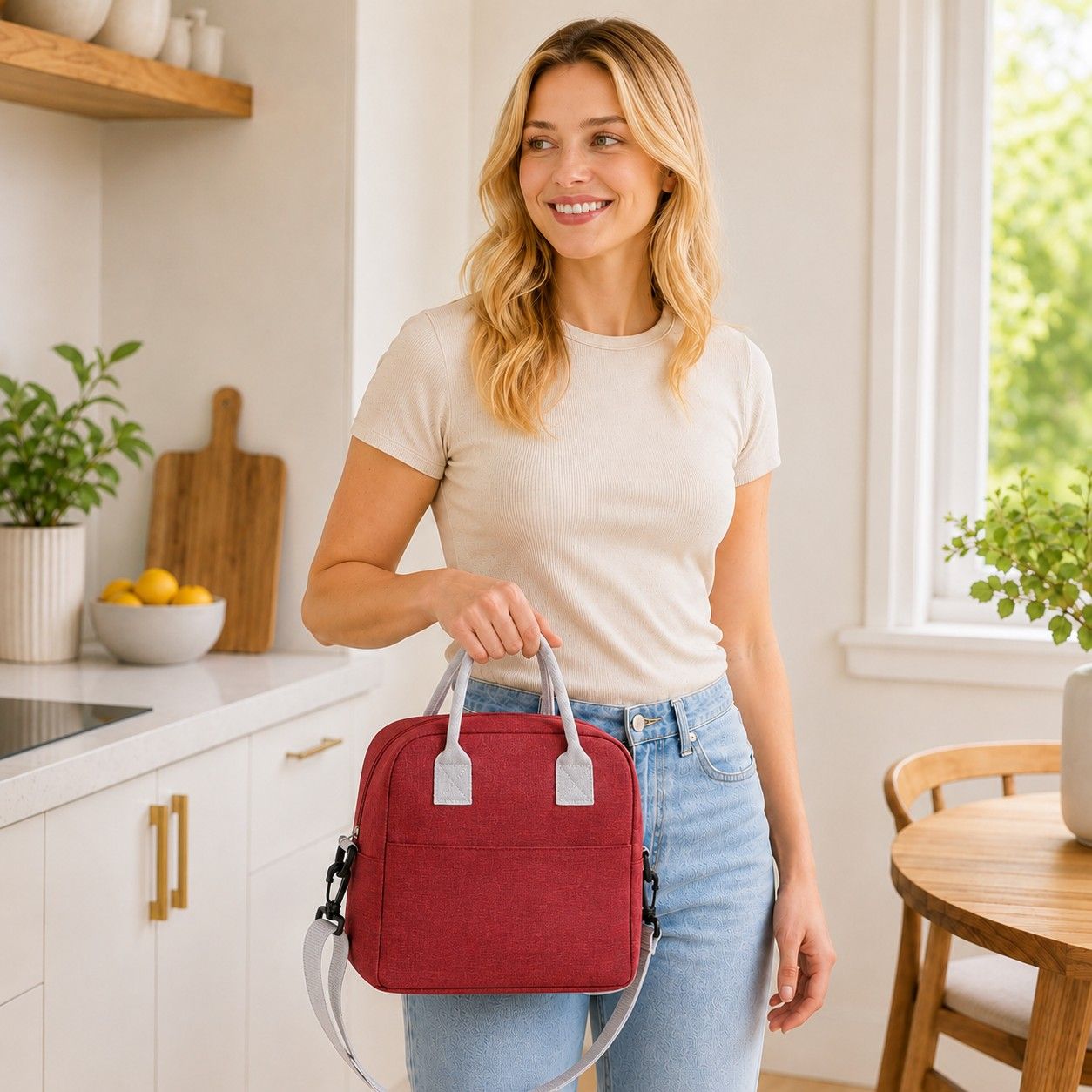 Insulated Lunch Tote Bag with Front Pocket and Adjustable Shoulder Strap
