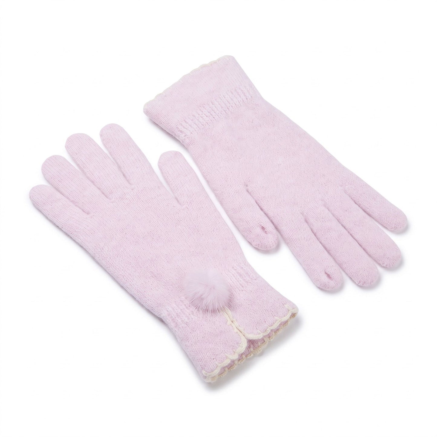 Pom Pom Knit Full Finger Gloves with Scalloped Cuff