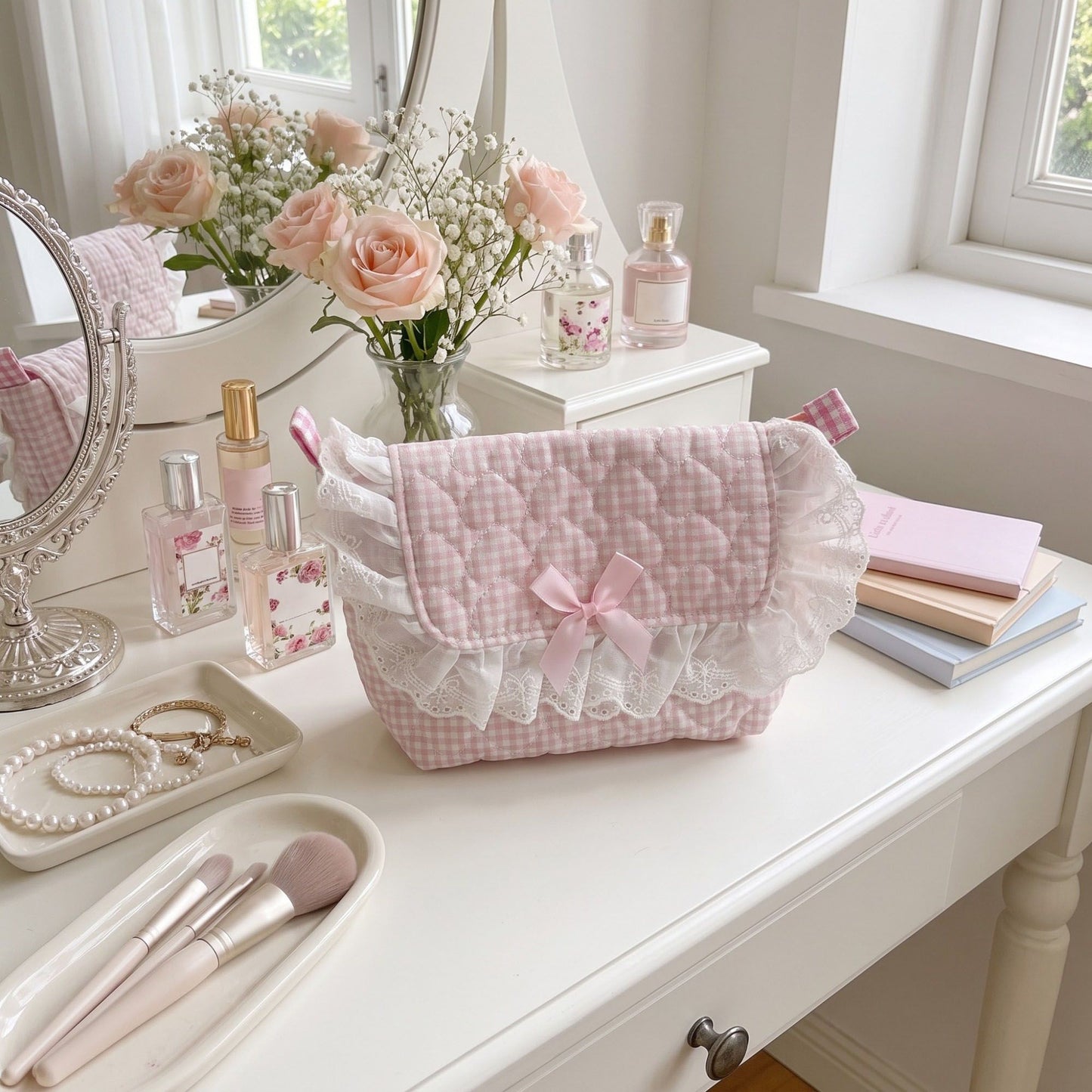 Womens Quilted Gingham Makeup Bag with Shoulder Strap Lace Ruffle Bow