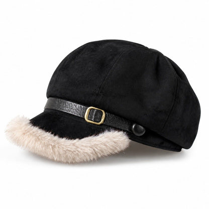 Faux Suede Newsboy Cap with Faux Fur Trim