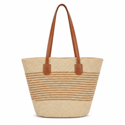 Striped Woven Straw Tote Bag Large Capacity Zip Top Shoulder Carryall Handbag