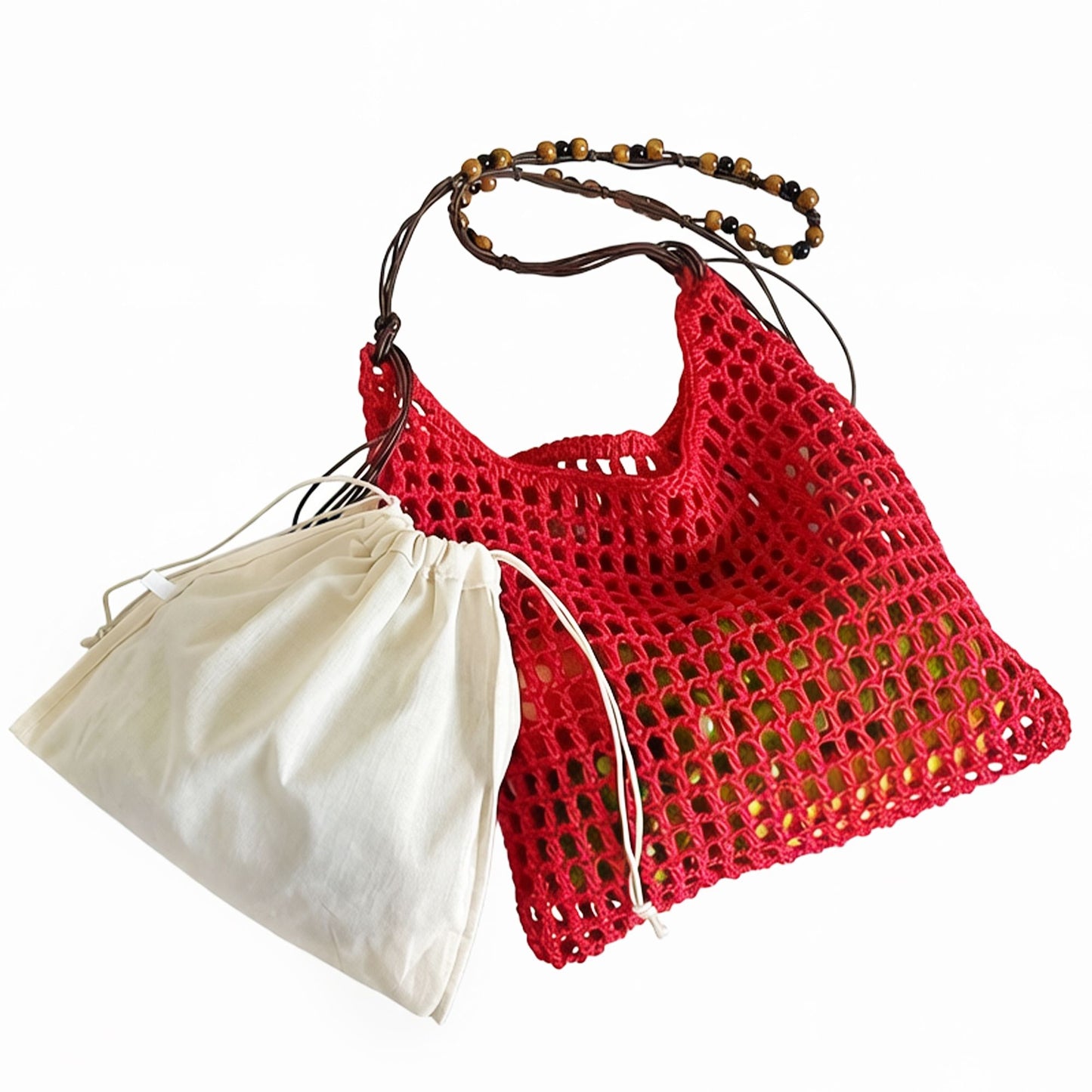 Crochet Shoulder Bag with Beaded Strap Tassel Drawstring Detail Lightweight Knit Hobo Handbag