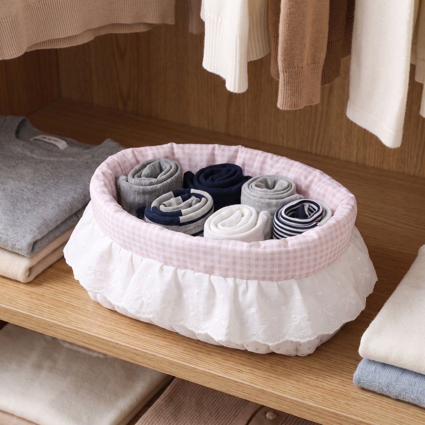 Pink Gingham Fabric Storage Basket with Lace Ruffle