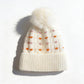 Knit Beanie with Large Faux Fur Pom-Pom - Winter Hat with Embroidered Accents