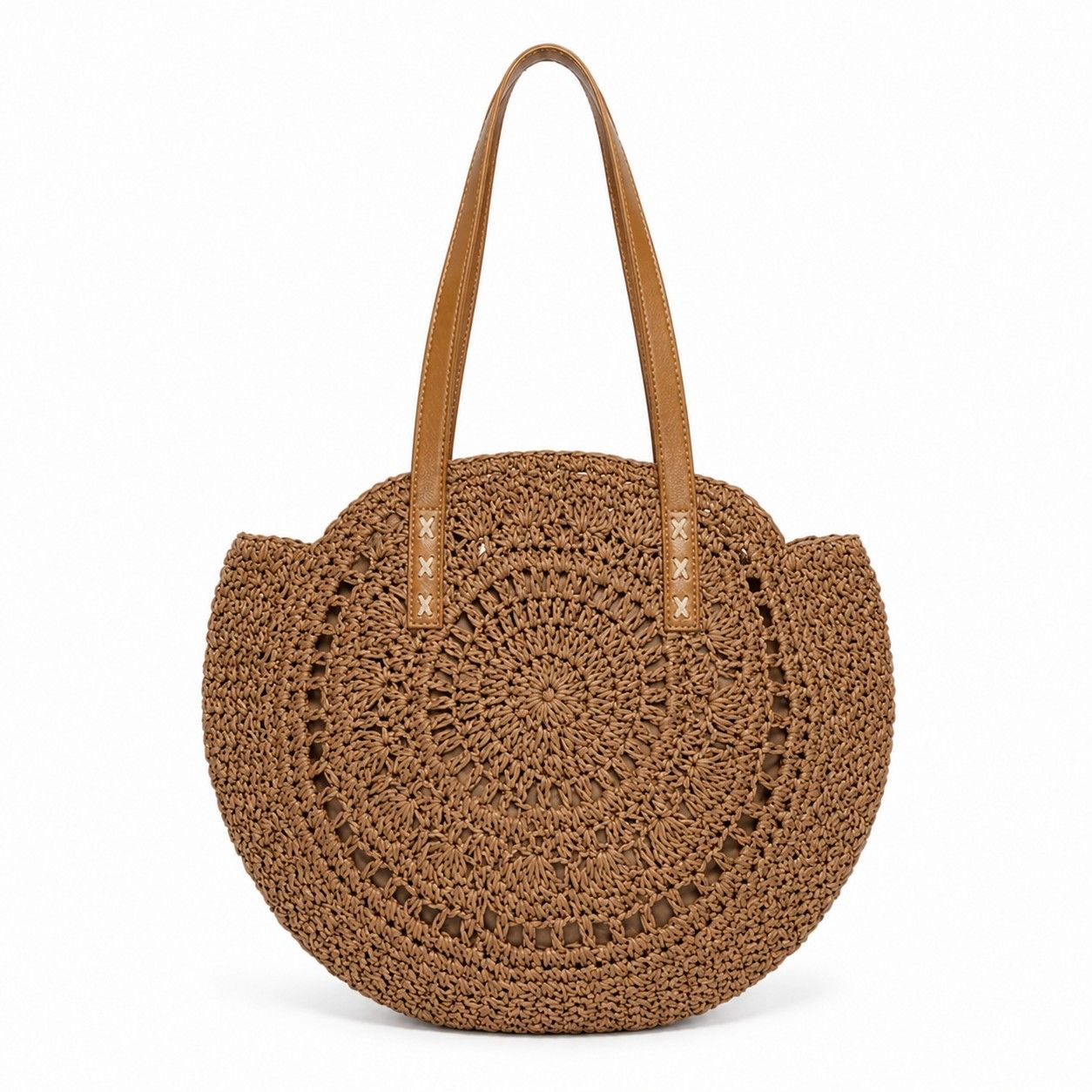 Round Woven Straw Tote Bag with Zip Closure Shoulder Handles and Slip Pocket