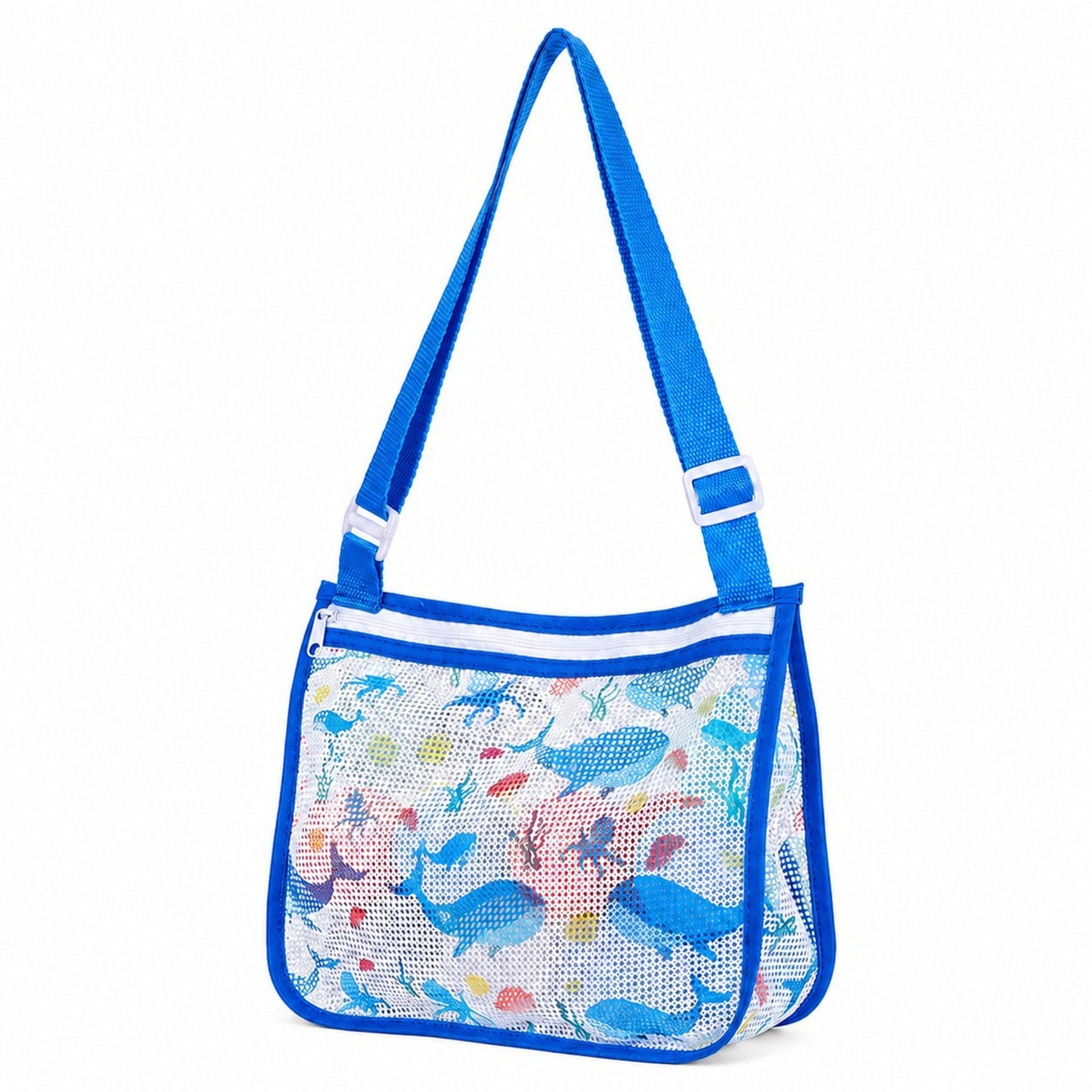 Printed Mesh Beach Shoulder Bag with Adjustable Strap Zip Top Lightweight See Through Tote for Pool