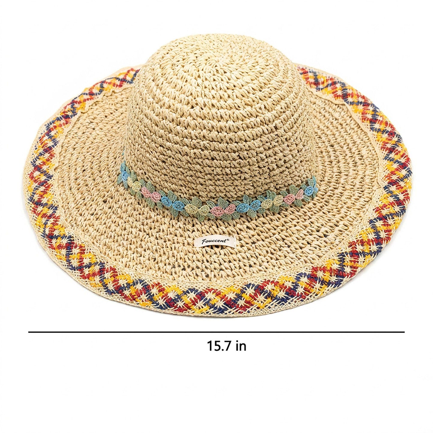 Crochet Wide Brim Sun Hat with Floral Trim Wavy Edge and Decorative Chin Strap