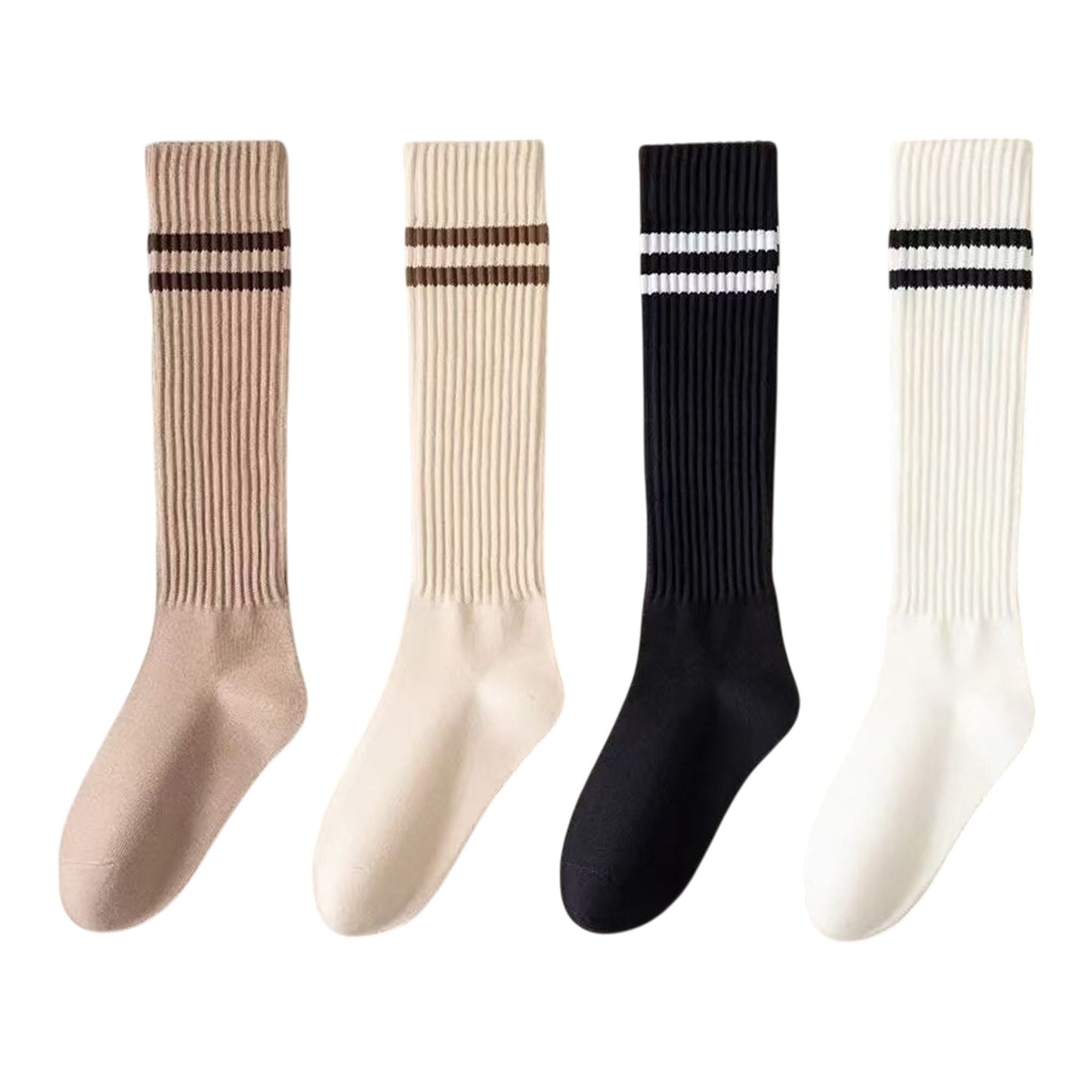 4-Pair Set Ribbed Knee-High Socks with Striped Detail Slim Fit Stretch Design for Casual Outfits