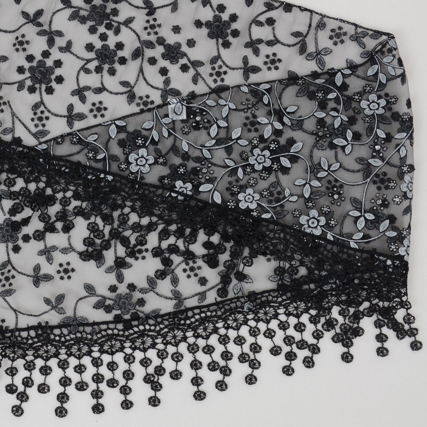 Lightweight Lace Floral Head Scarf Fringe Triangular Shawl