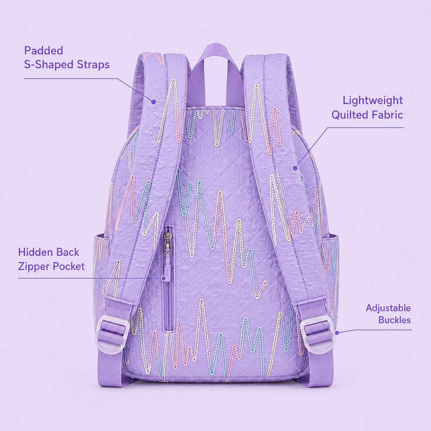 Quilted Backpack with Embroidered Pattern and Multiple Pockets