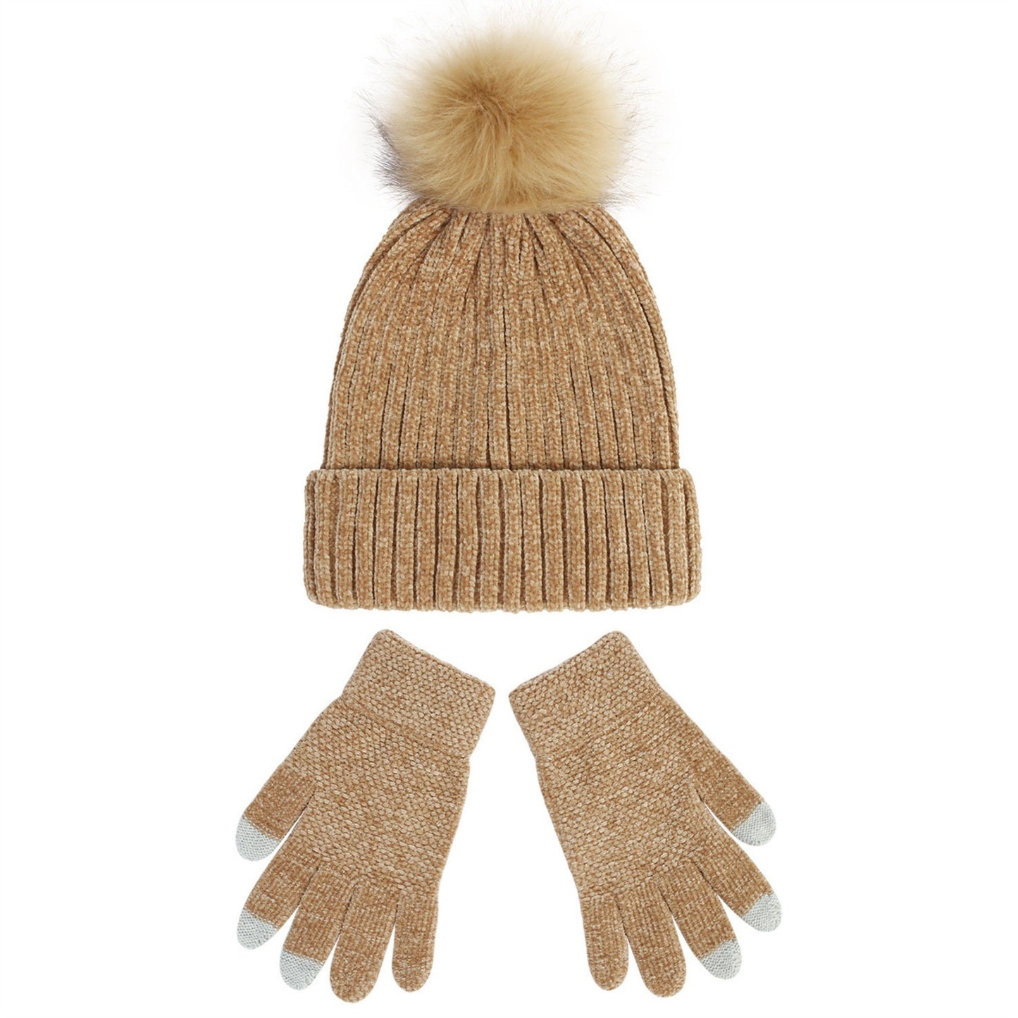 Knit Beanie and Touchscreen Gloves 2-Piece Winter Accessory Set with Ribbed Cuff Design and Fluffy Pom Pom Detail