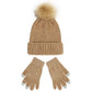 Knit Beanie and Touchscreen Gloves 2-Piece Winter Accessory Set with Ribbed Cuff Design and Fluffy Pom Pom Detail
