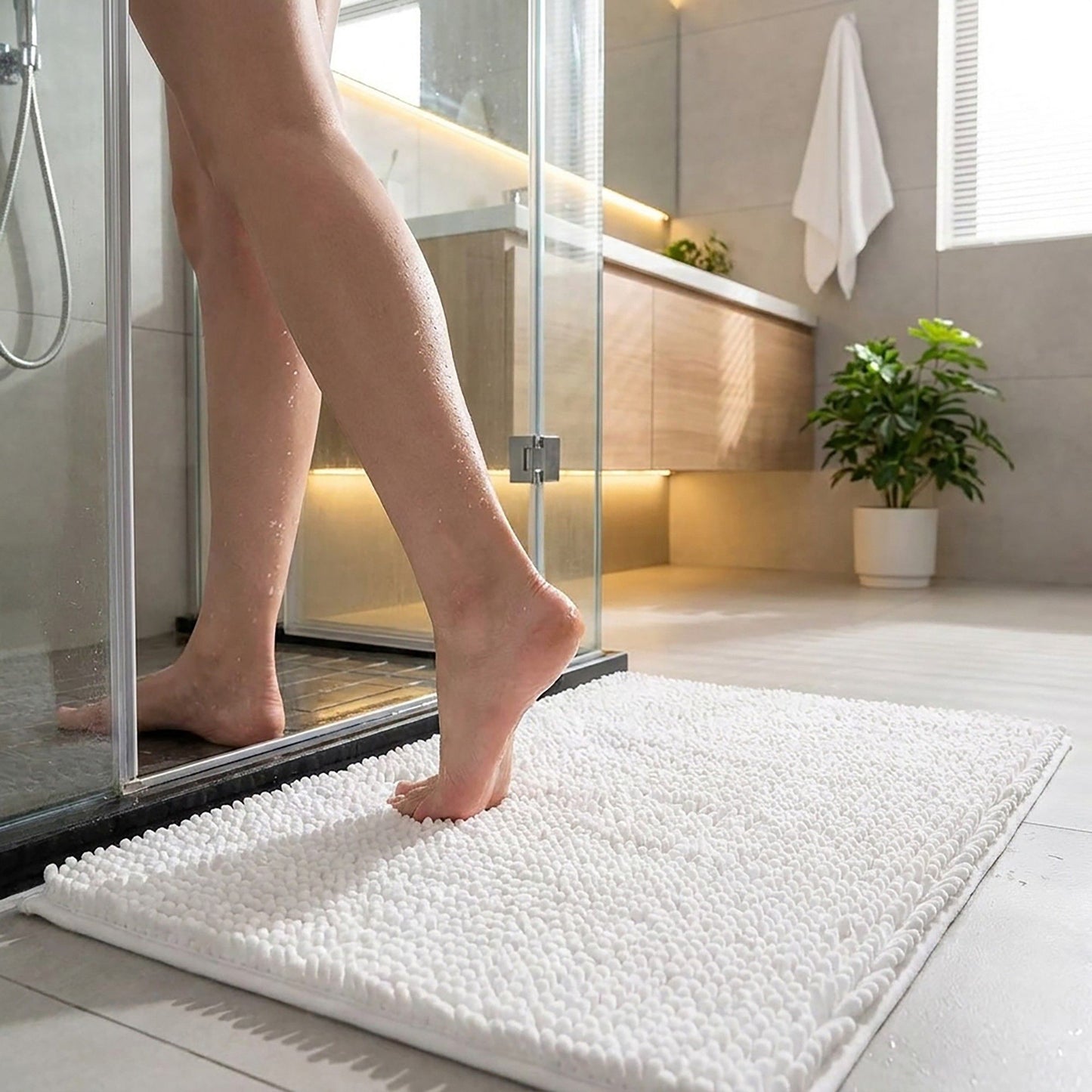 Chenille Bath Mat with Plush Noodle Texture and Non Slip Backing