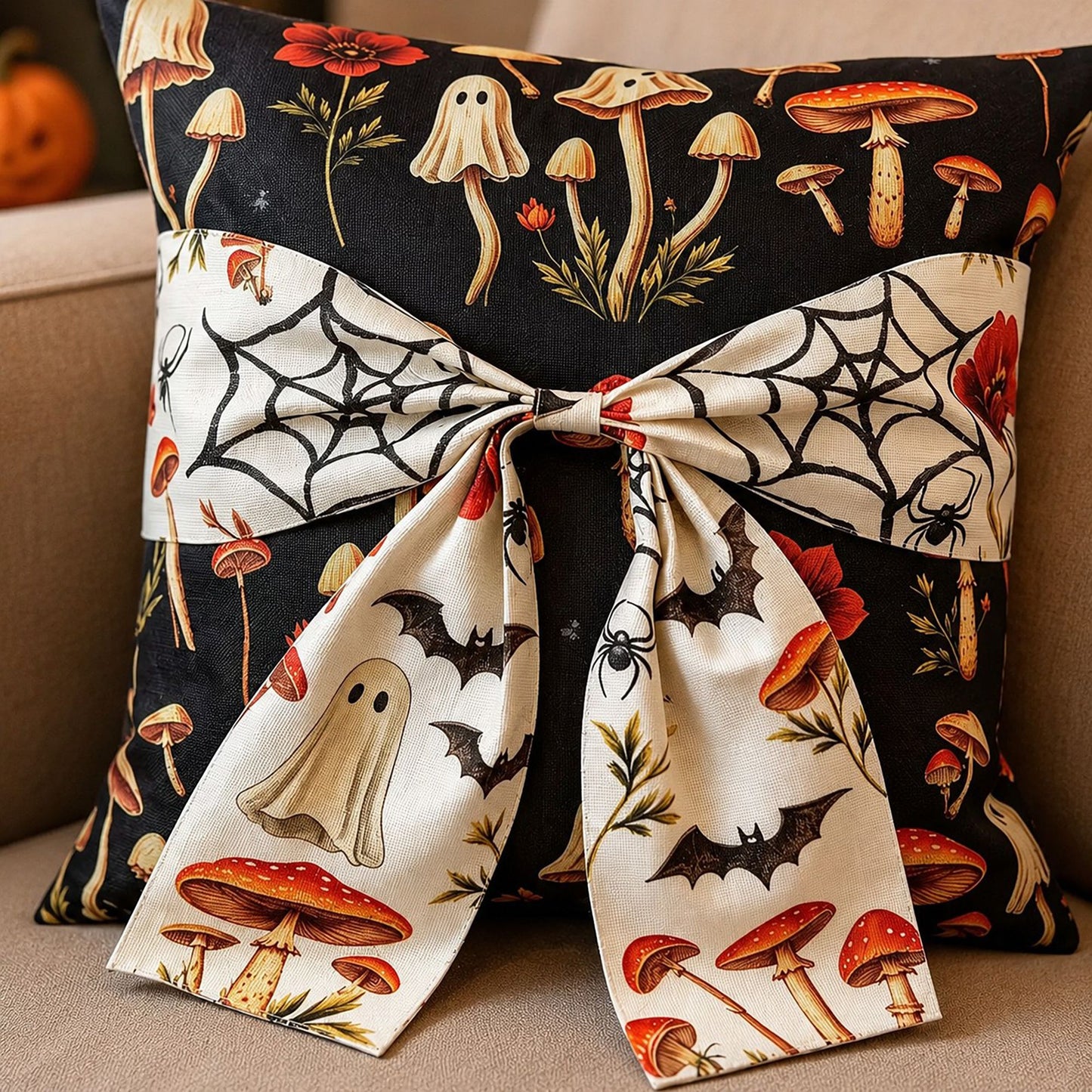 Halloween Throw Pillow Cover with Decorative Bow 18 x 18 Inch