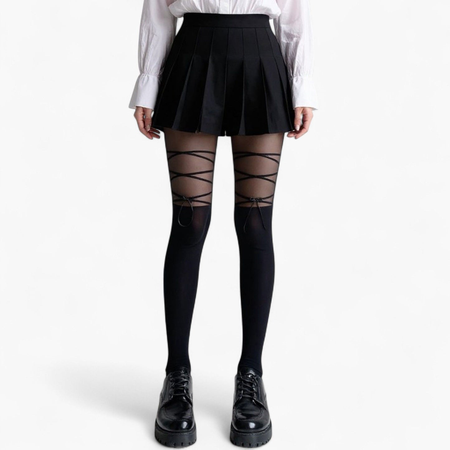 Sheer Tights with Crisscross Lace-Up Detail and Opaque Lower Leg Design