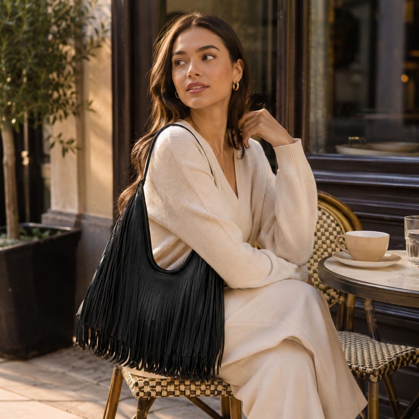 Fringe Shoulder Bag Beige Suede Look Boho Hobo Purse with Long Strap
