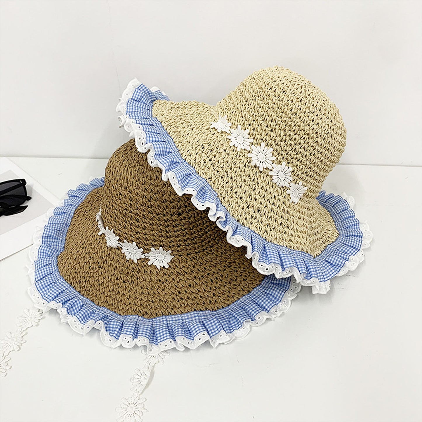 Straw Sun Hat with Gingham & Lace Trim