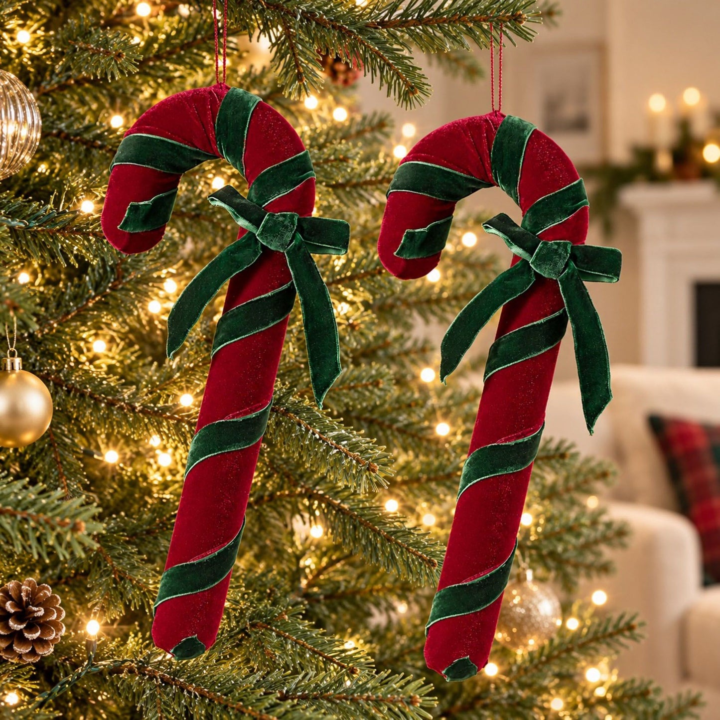 2ct Christmas Candy Cane Hanging Decorations with Bows Red Green and White