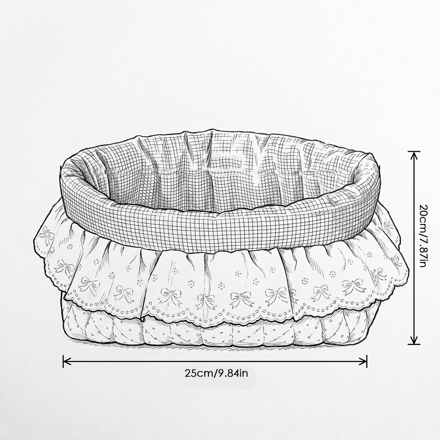 Gingham Polka Dot Quilted Storage Basket with Lace Eyelet Ruffle