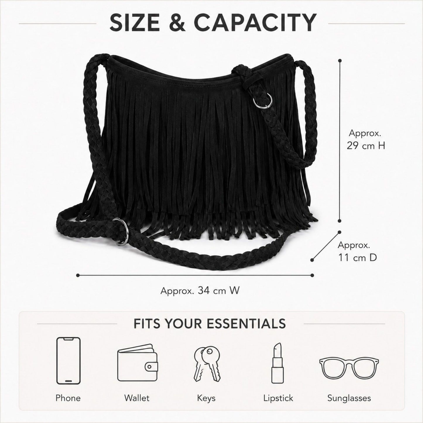 Fringe Crossbody Bag Black Suede Look Boho Shoulder Purse with Braided Strap