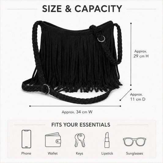 Fringe Crossbody Bag Black Suede Look Boho Shoulder Purse with Braided Strap
