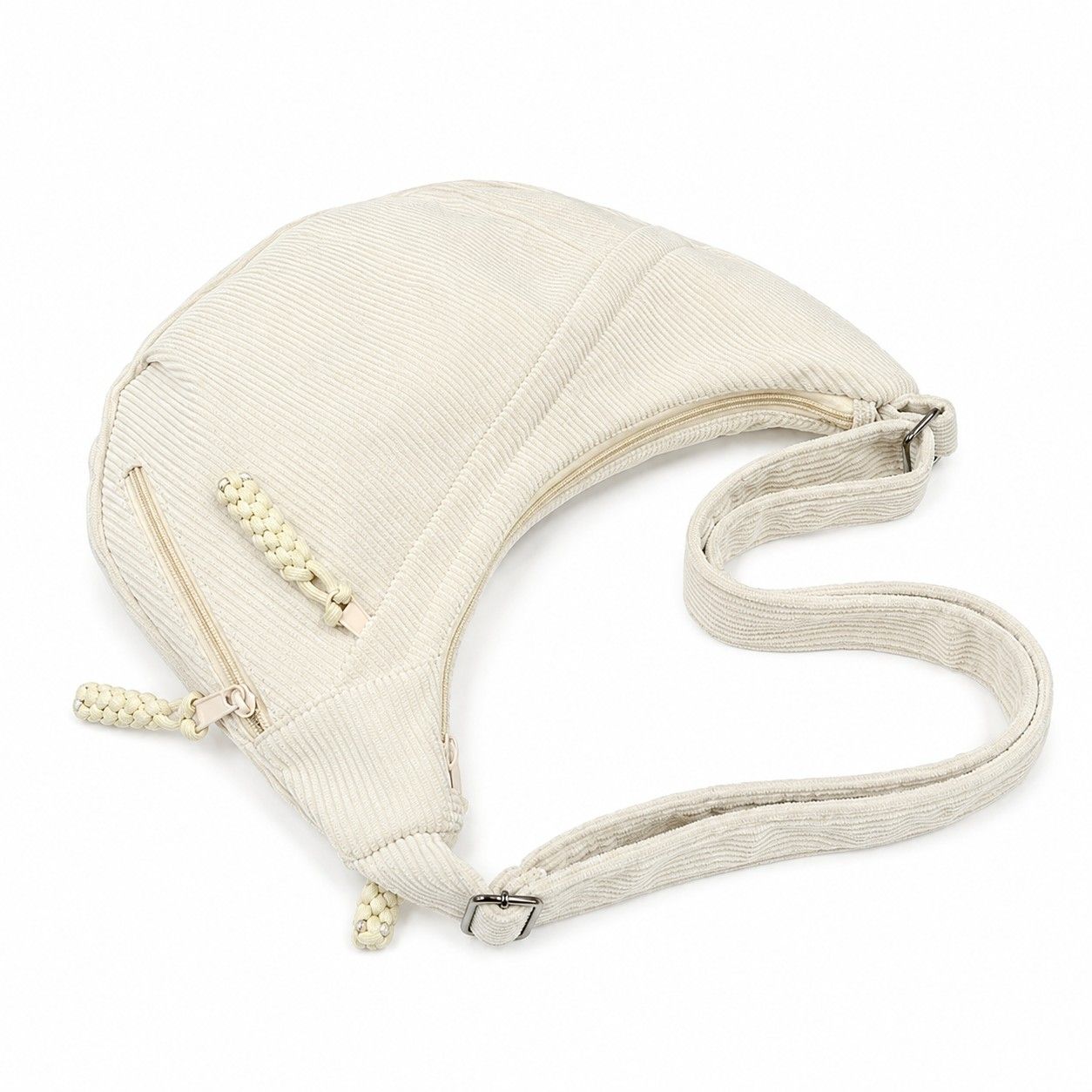 Corduroy Crescent Crossbody Bag with Adjustable Strap and Zip Pockets