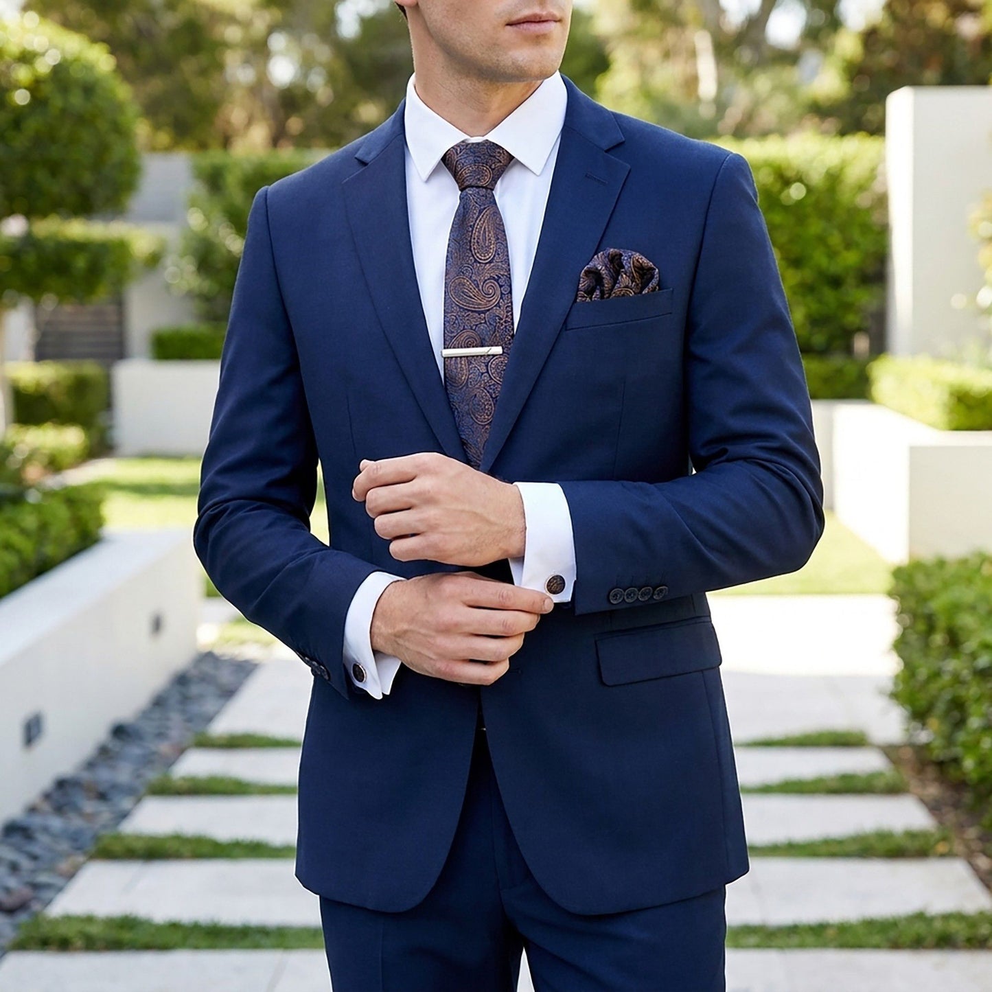 Men's Paisley Floral Tie Gift Set with Matching Pocket Square Cufflinks and Silver Tie Clip