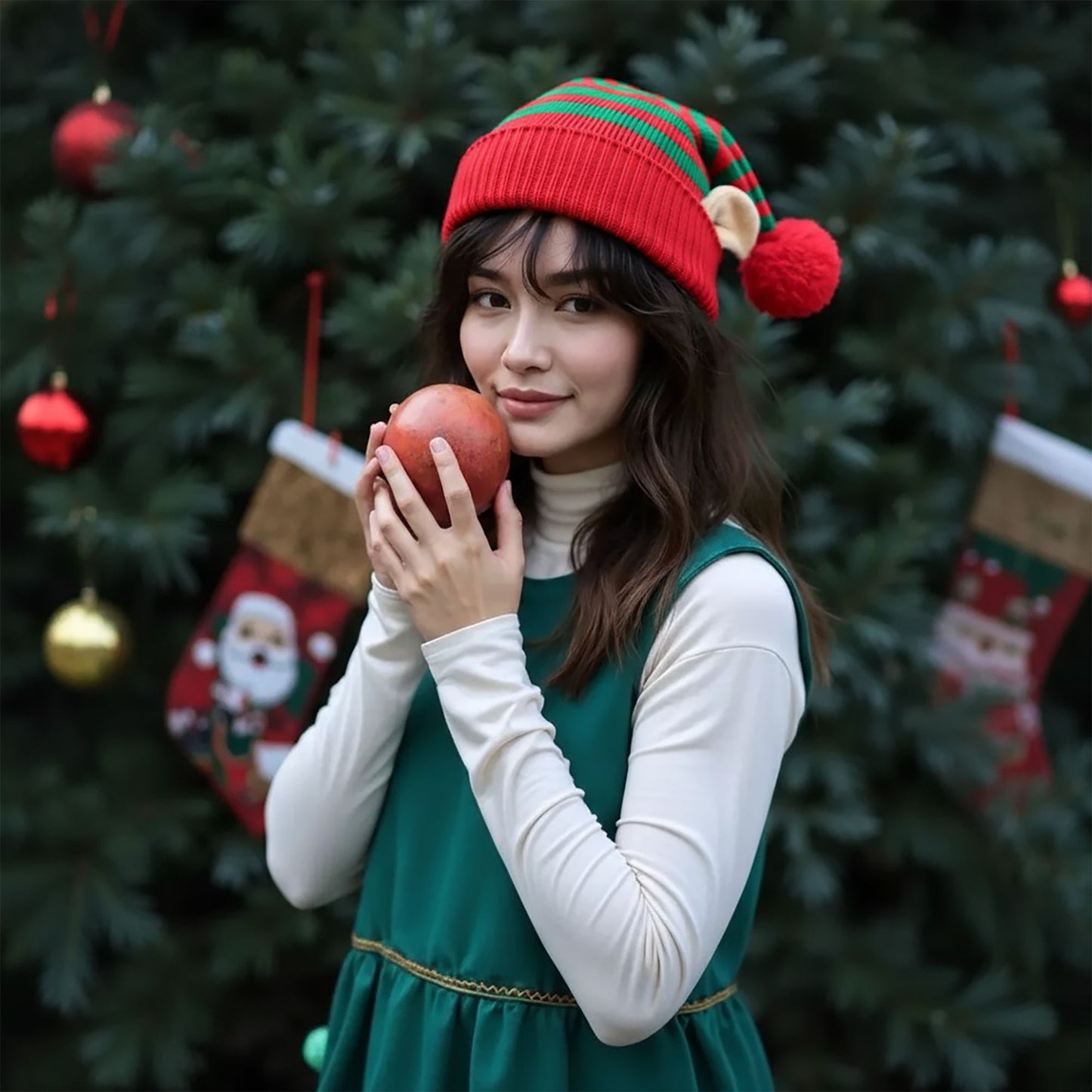 Christmas Elf Striped Knit Hat Striped Beanie with Pom-Pom & Elf Ears for Holiday Parties & Festive Decor