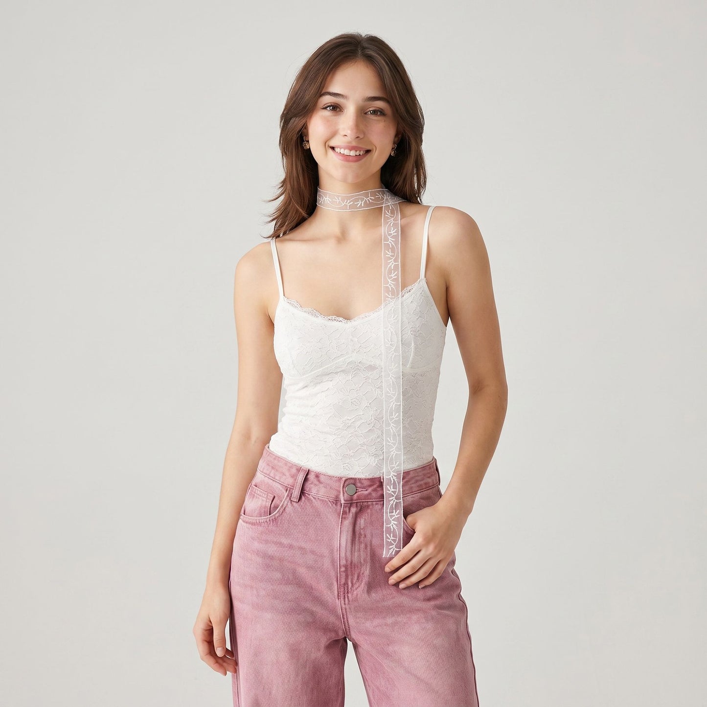 Sheer Embroidered Skinny Scarf with Vine Detail and Long Neck Tie Design