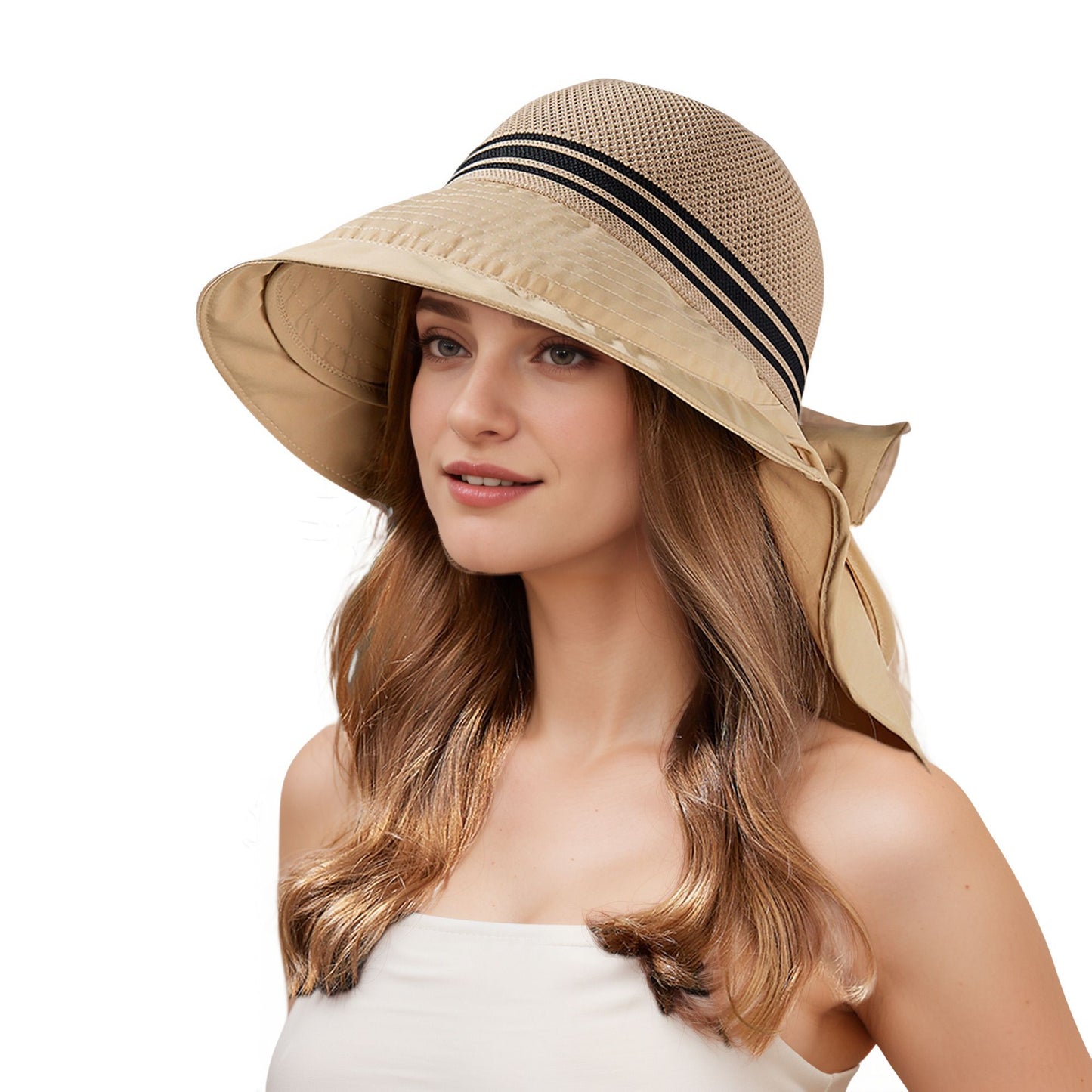 Wide Brim Mesh Sun Hat with Back Bow UV Protection Foldable Travel Hat for Women Outdoor Summer Style