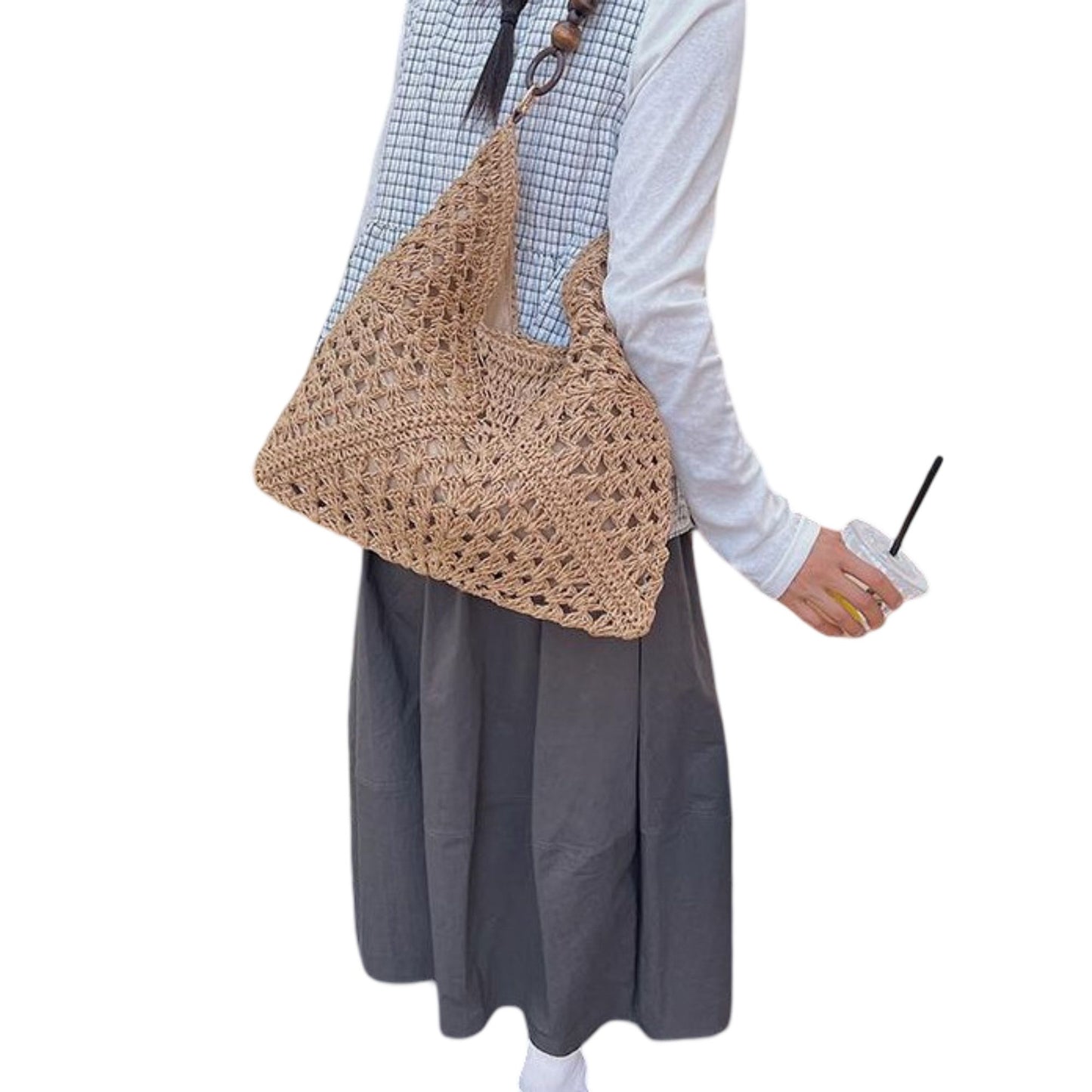 Woven Straw Hobo Bag with Wooden Handle Bead Accents and Spacious Interior