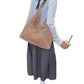 Woven Straw Hobo Bag with Wooden Handle Bead Accents and Spacious Interior