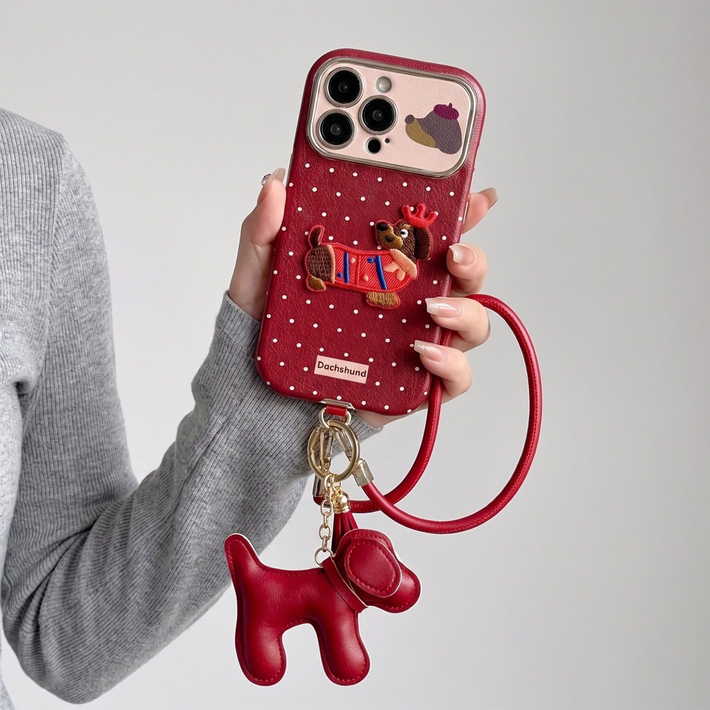 Dachshund Phone Case Wristlet Set Dog Charm Tassel Polka Dot Decorative Cover