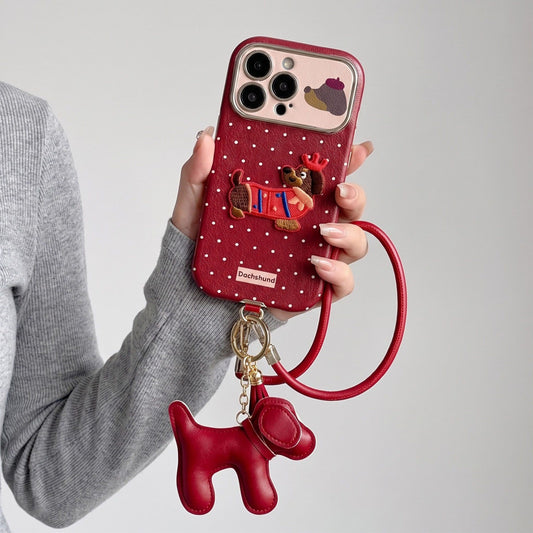Dachshund Phone Case Wristlet Set Dog Charm Tassel Polka Dot Decorative Cover